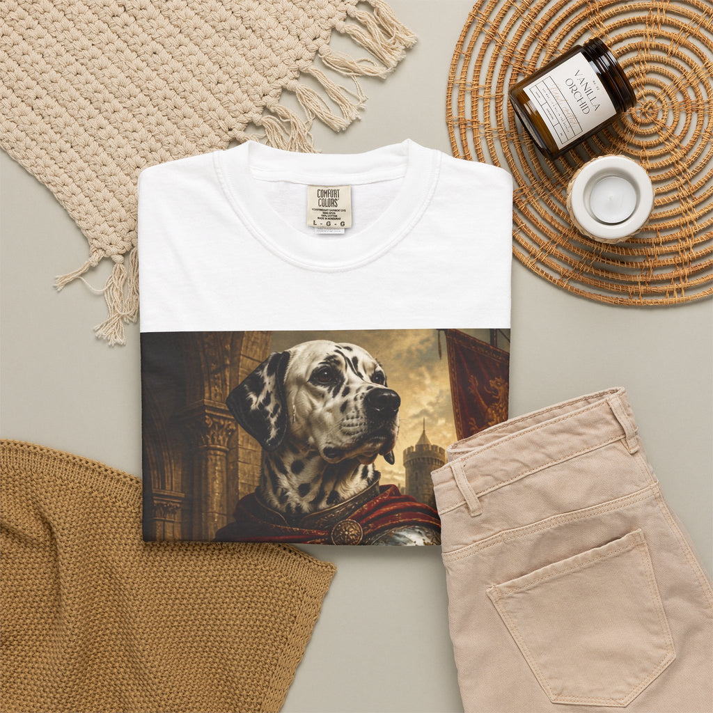 Knight Dalmatian T-Shirt — Regal Canine Armor Portrait