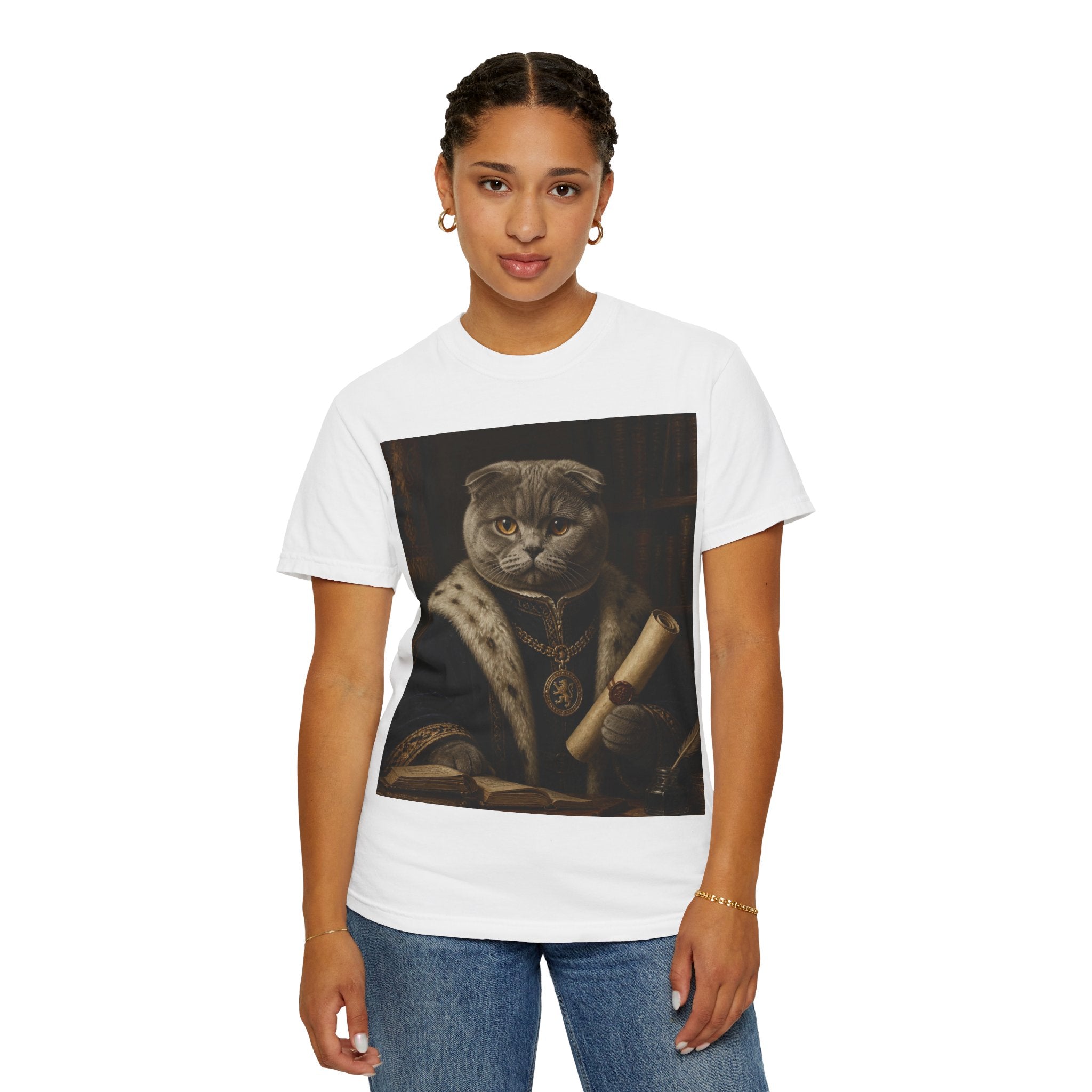 Scottish Fold Royal Portrait T-Shirt — Royal Vintage Cat with Scroll Graphic