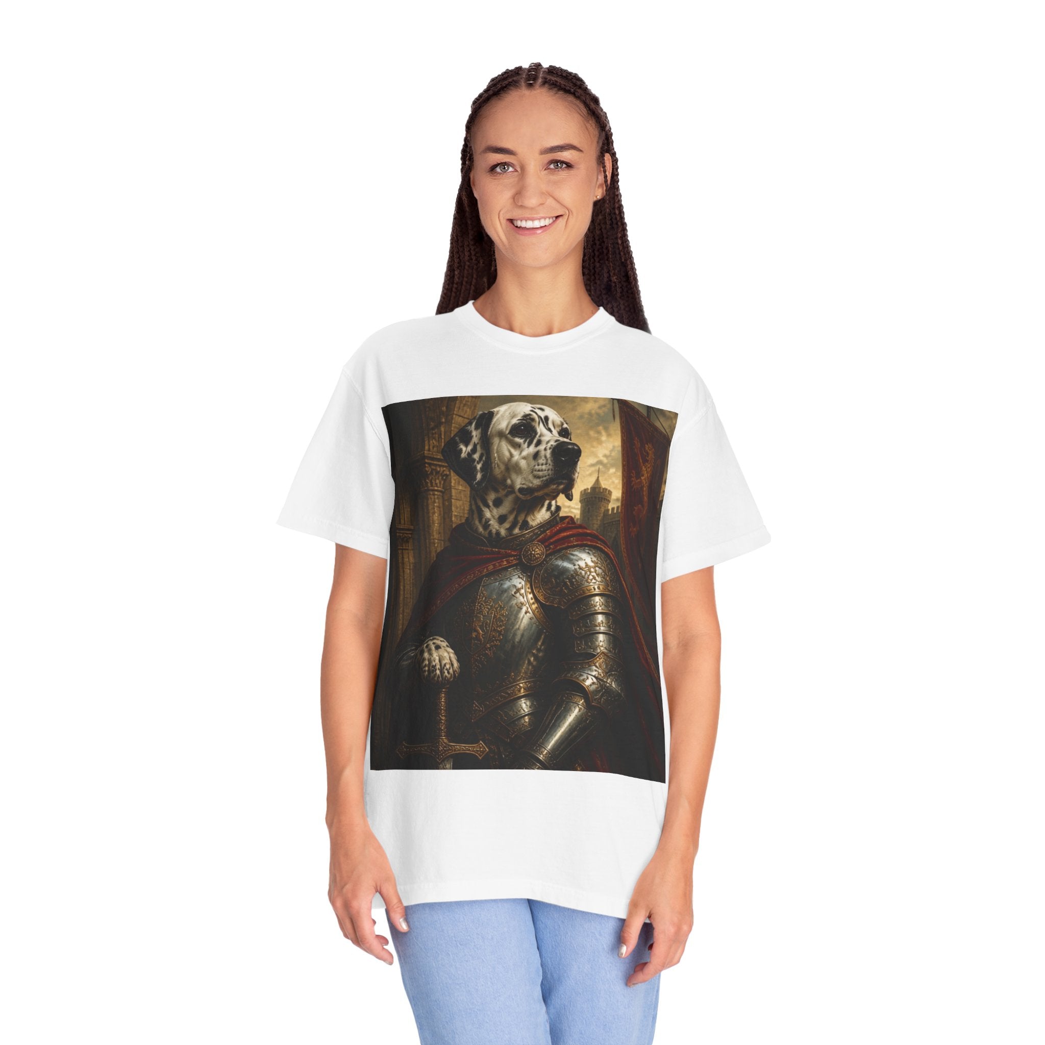 Knight Dalmatian T-Shirt — Regal Canine Armor Portrait
