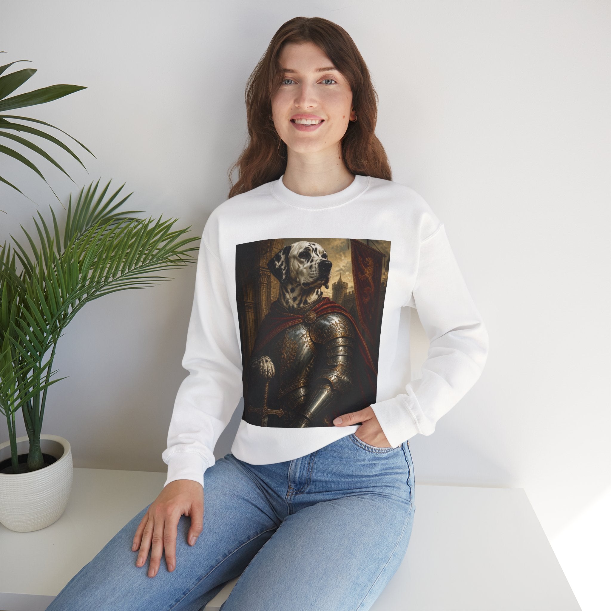 Dalmatian Knight Sweatshirt — Medieval Armor Dog Portrait Crewneck
