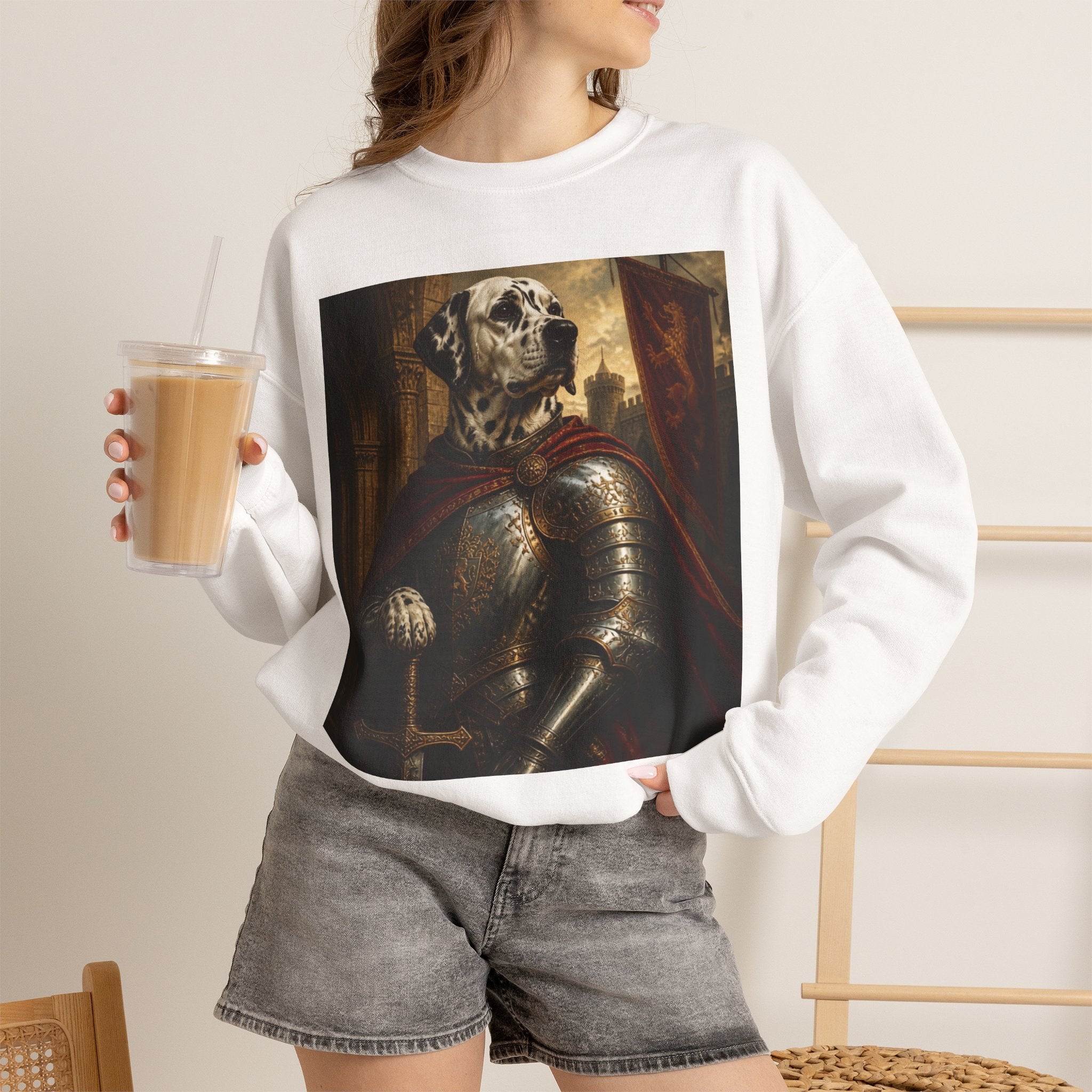 Dalmatian Knight Sweatshirt — Medieval Armor Dog Portrait Crewneck