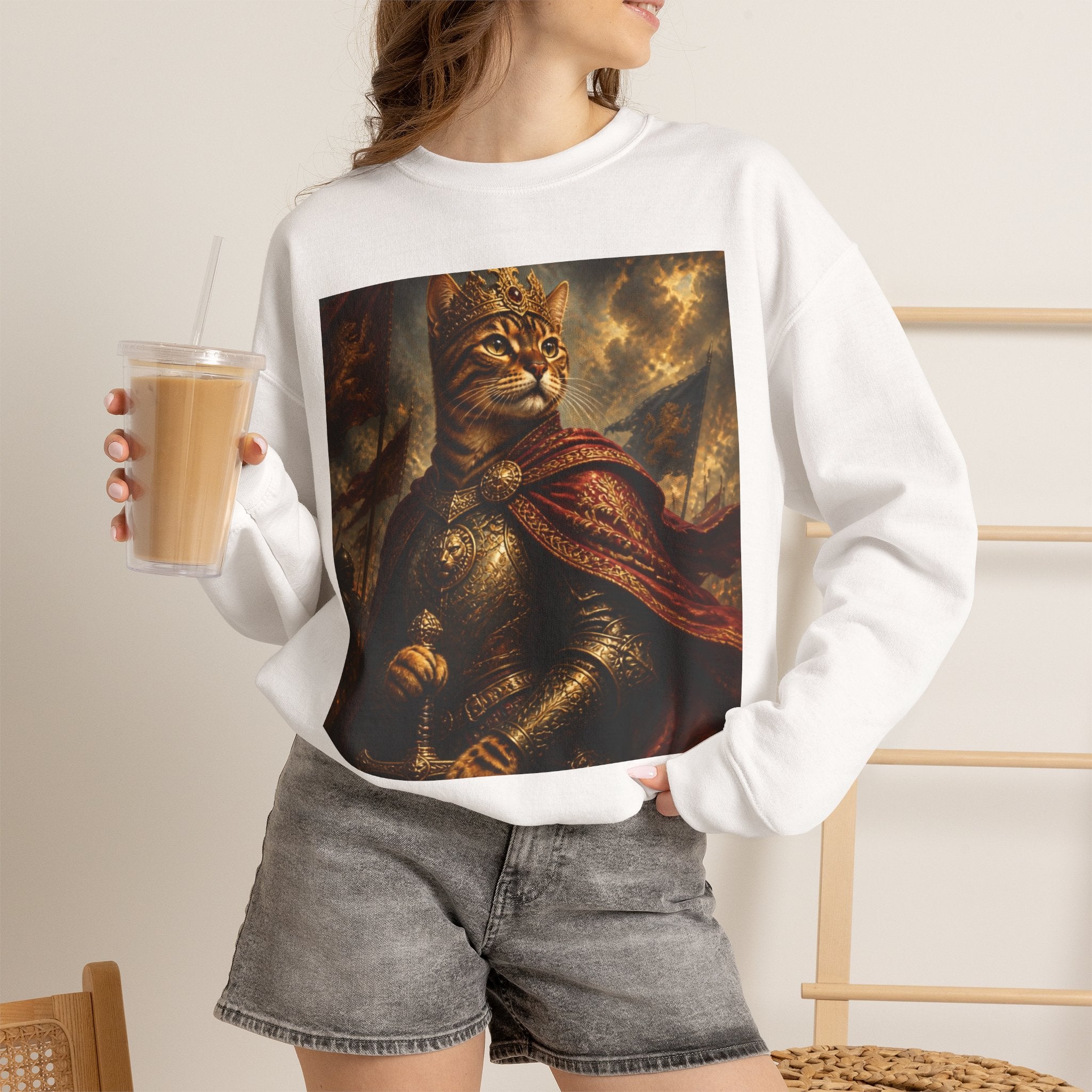 Cat Knight Sweatshirt — Vintage Medieval Armor Feline Graphic Crewneck