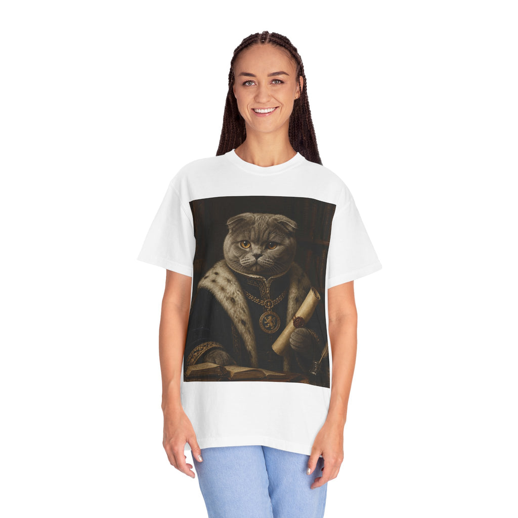 Scottish Fold Royal Portrait T-Shirt — Royal Vintage Cat with Scroll Graphic