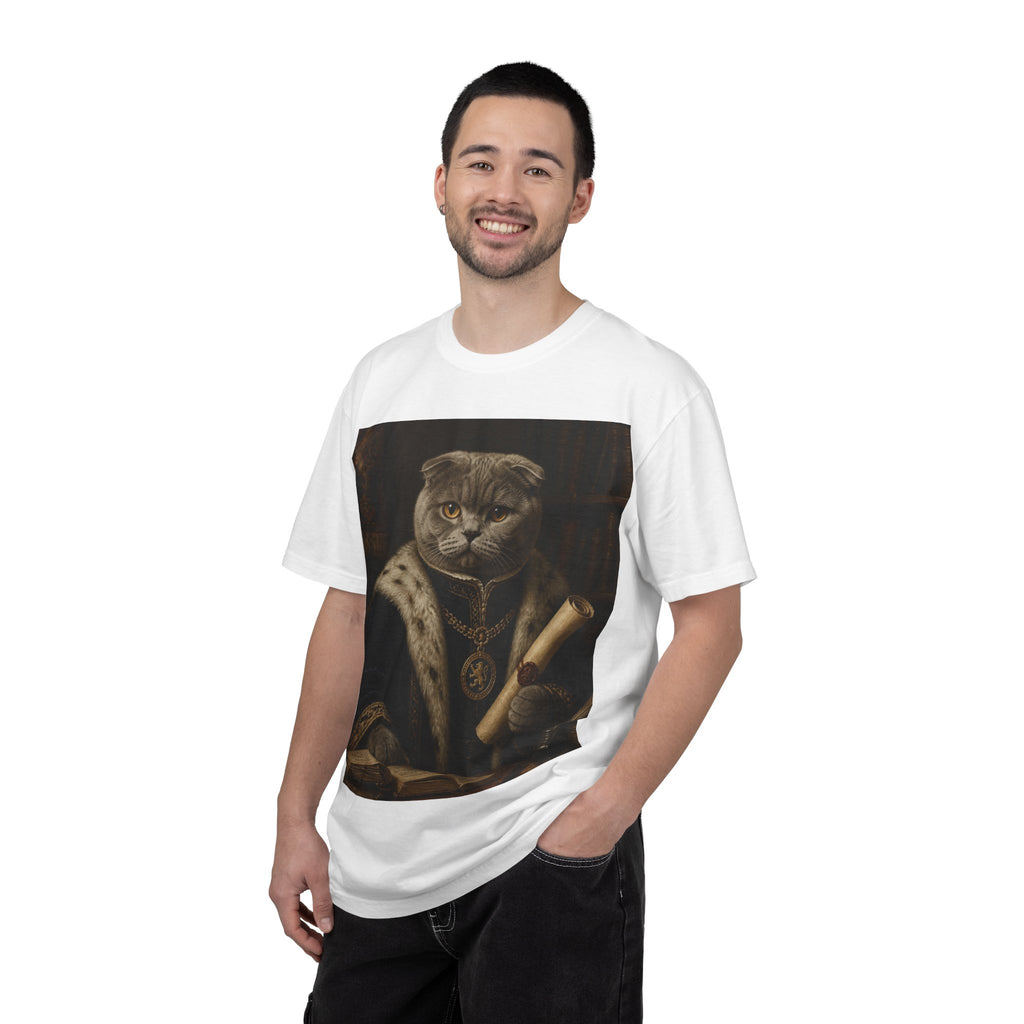 Scottish Fold Royal Portrait T-Shirt — Royal Vintage Cat with Scroll Graphic