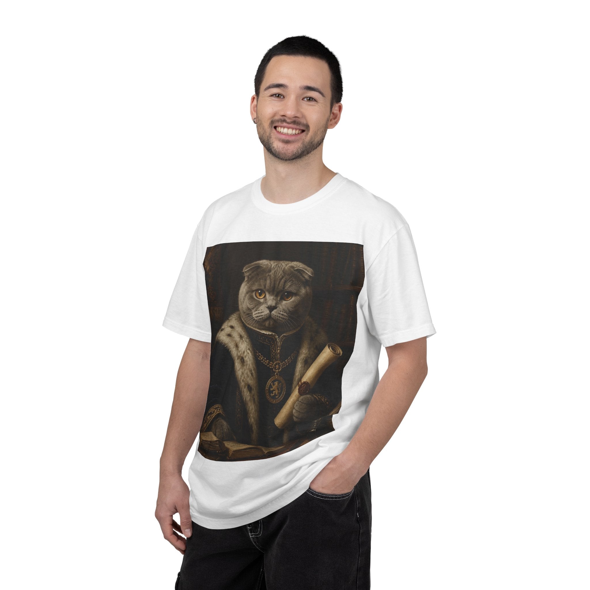 Scottish Fold Royal Portrait T-Shirt — Royal Vintage Cat with Scroll Graphic