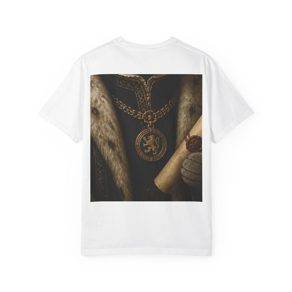 Scottish Fold Royal Portrait T-Shirt — Royal Vintage Cat with Scroll Graphic