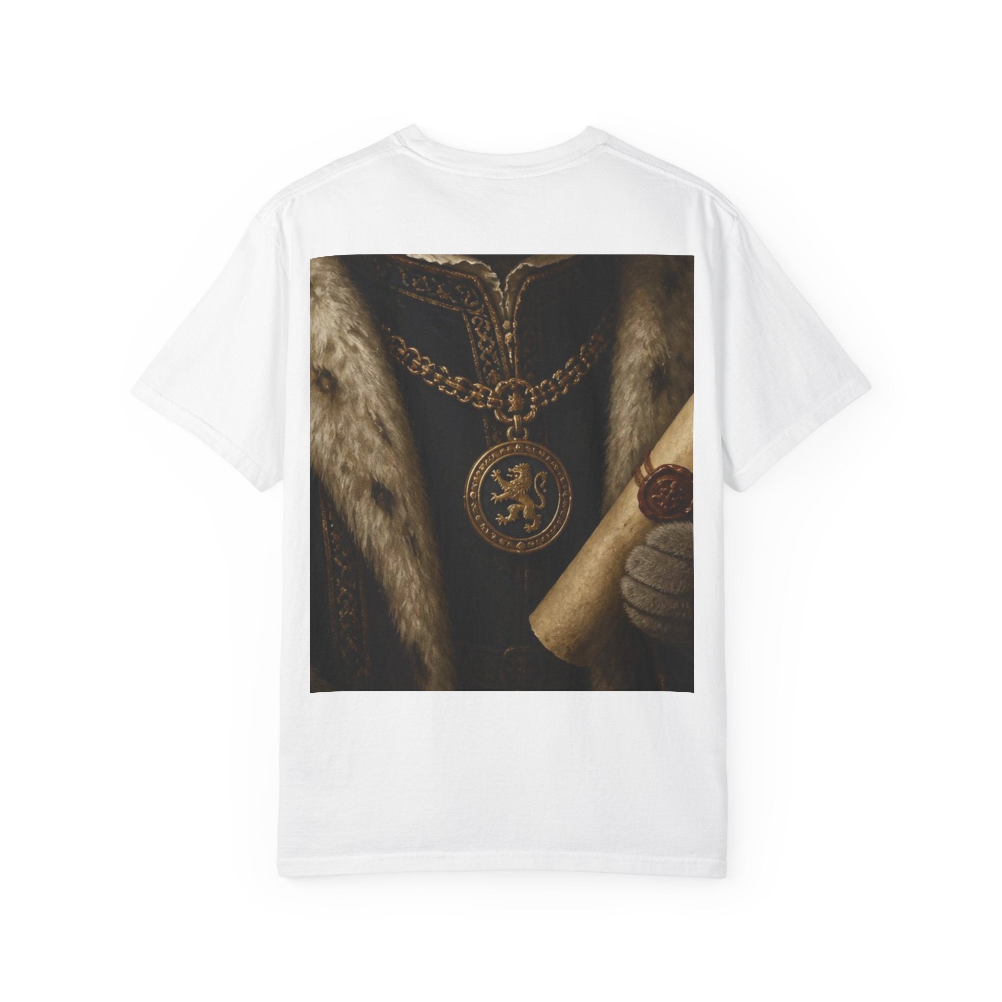 Scottish Fold Royal Portrait T-Shirt — Royal Vintage Cat with Scroll Graphic