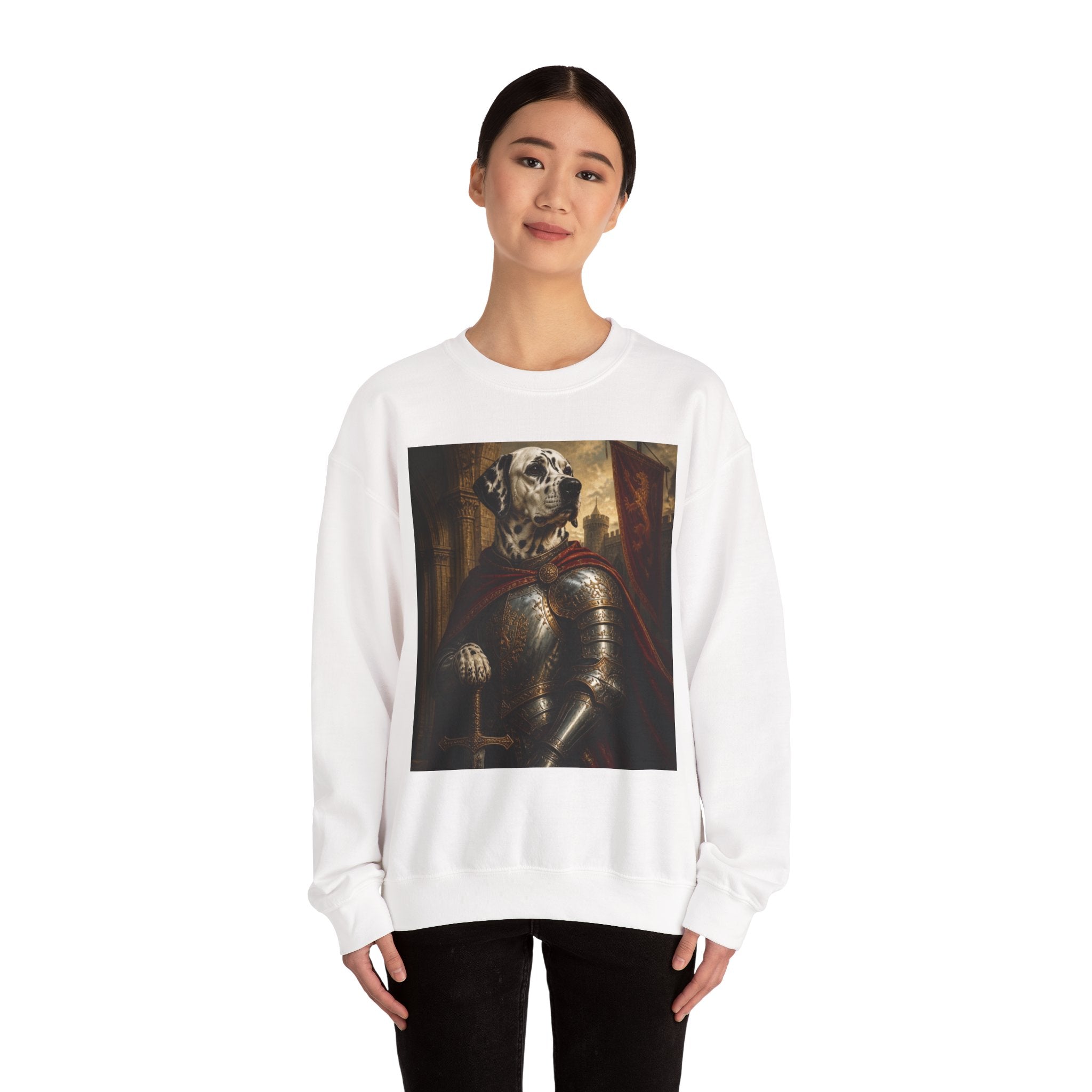 Dalmatian Knight Sweatshirt — Medieval Armor Dog Portrait Crewneck