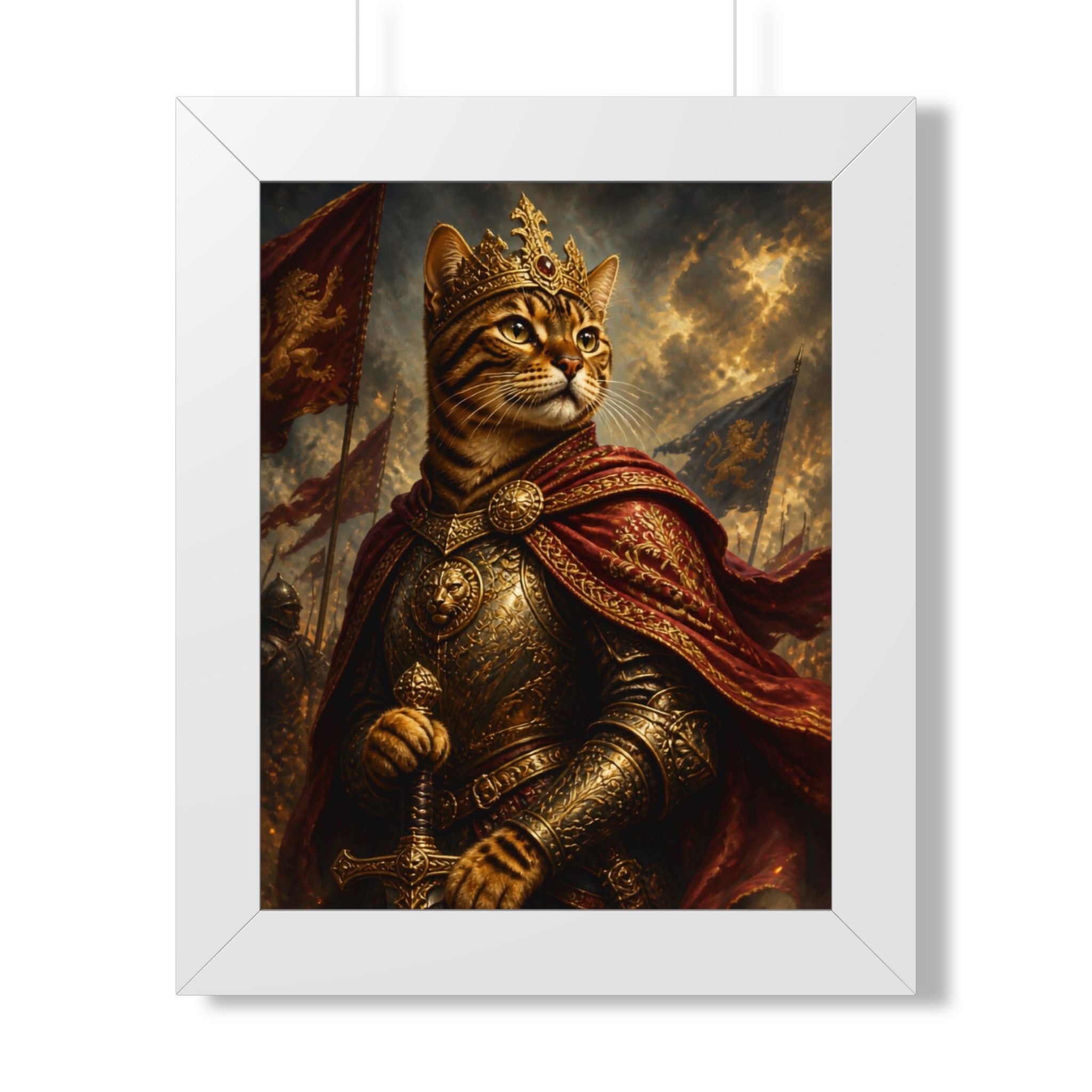 Framed Poster — Regal Cat King Portrait, Medieval Fantasy Wall Art