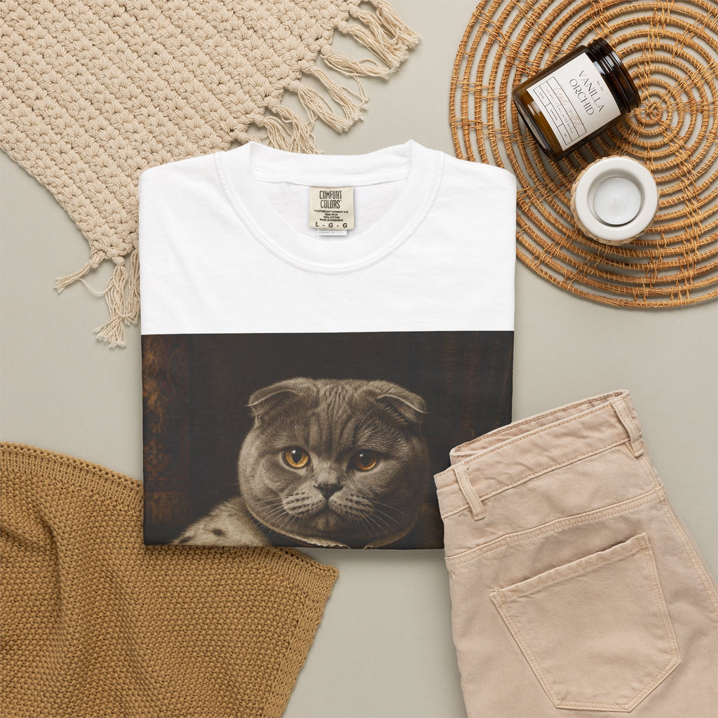 Scottish Fold Royal Portrait T-Shirt — Royal Vintage Cat with Scroll Graphic