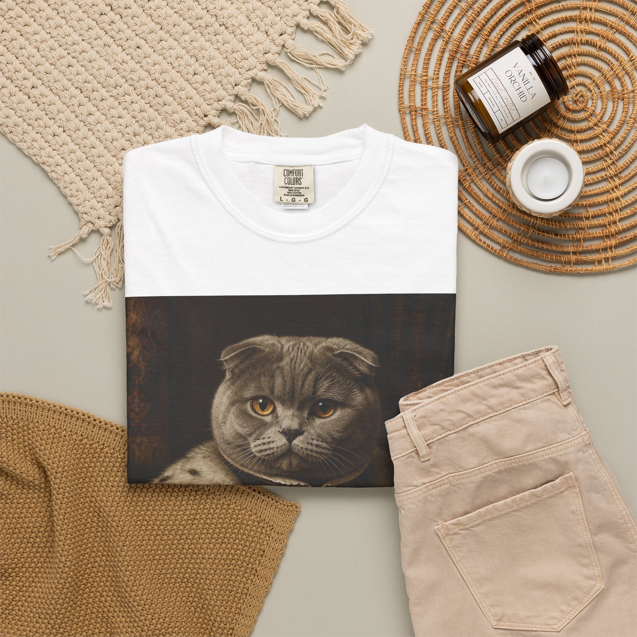 Scottish Fold Royal Portrait T-Shirt — Royal Vintage Cat with Scroll Graphic