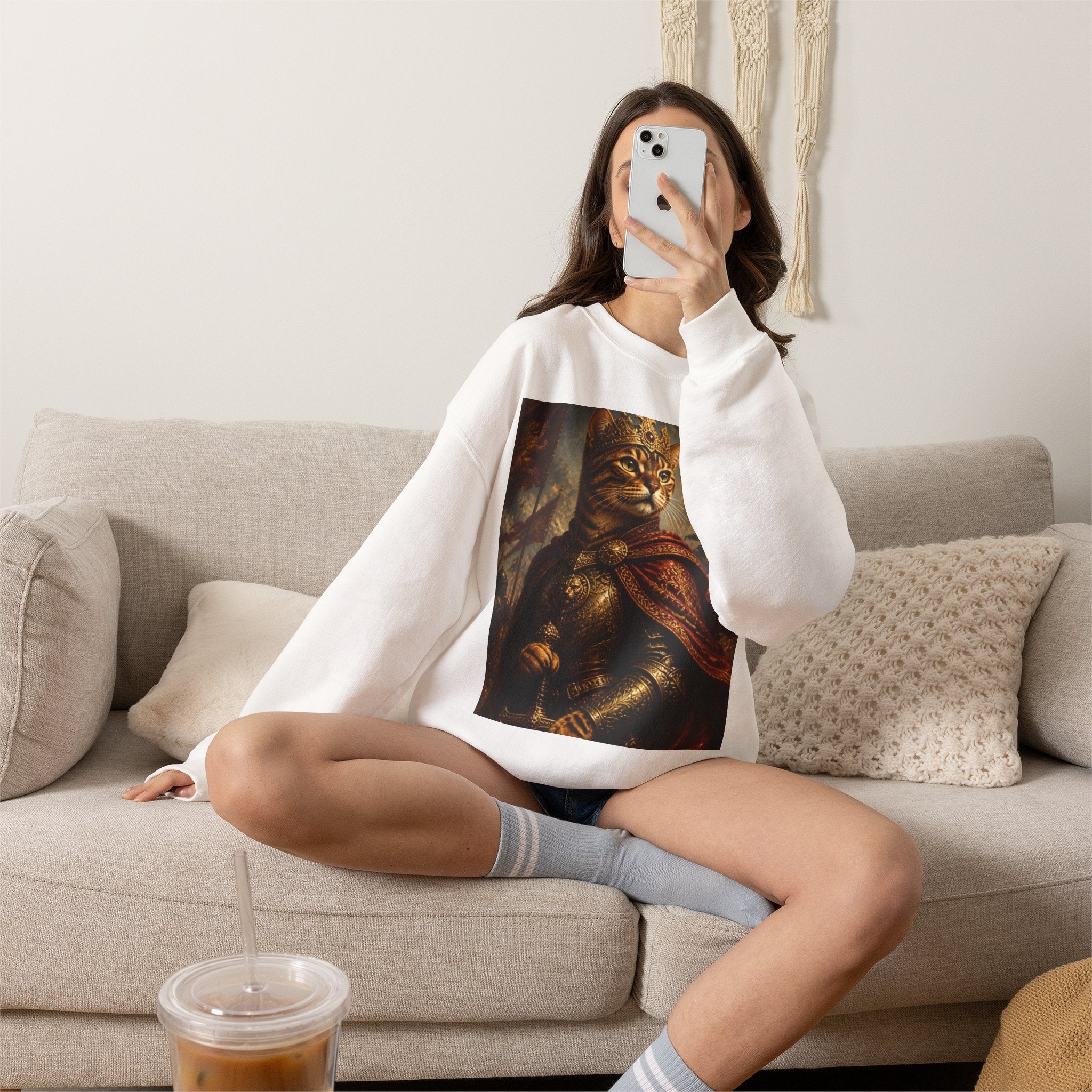 Cat Knight Sweatshirt — Vintage Medieval Armor Feline Graphic Crewneck