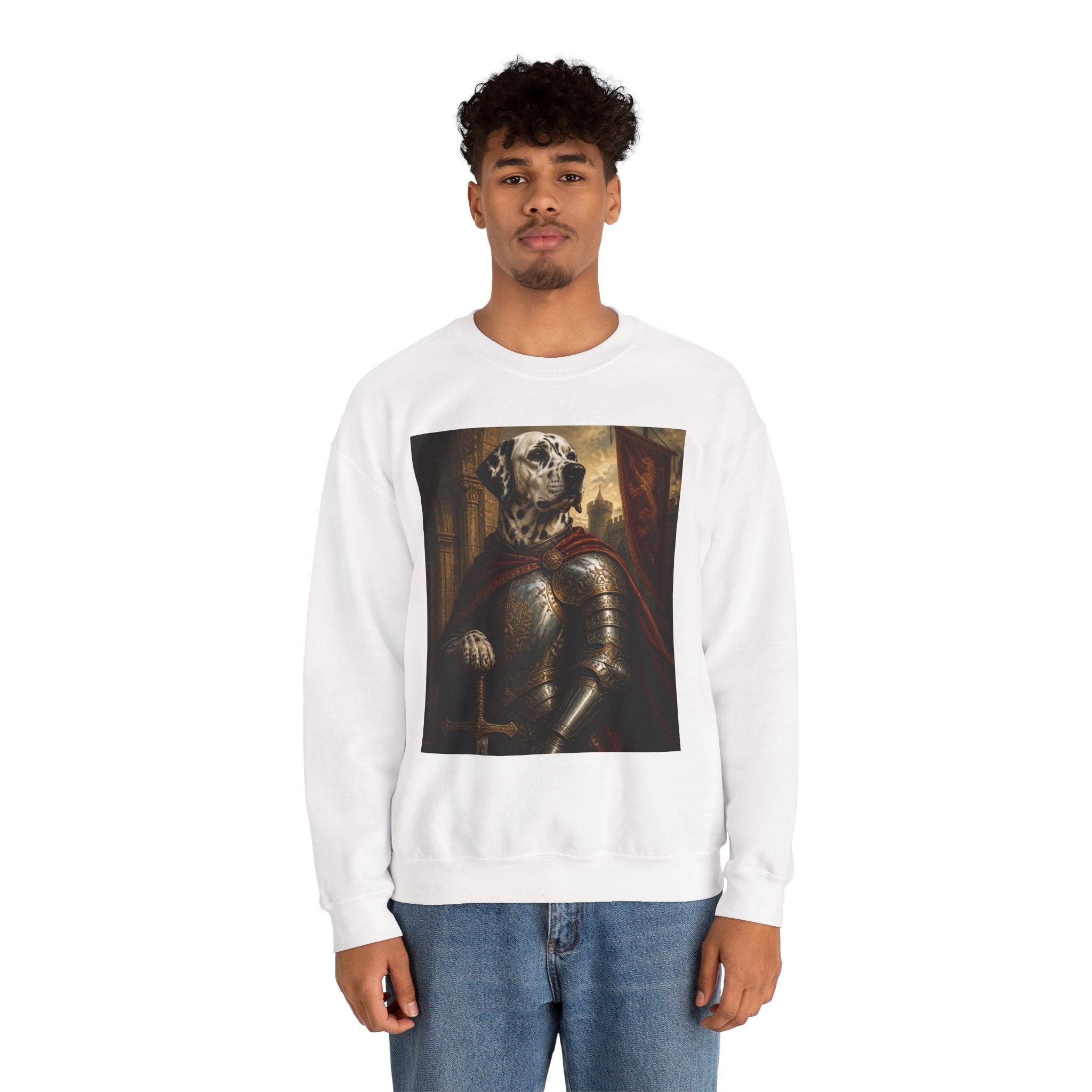 Dalmatian Knight Sweatshirt — Medieval Armor Dog Portrait Crewneck