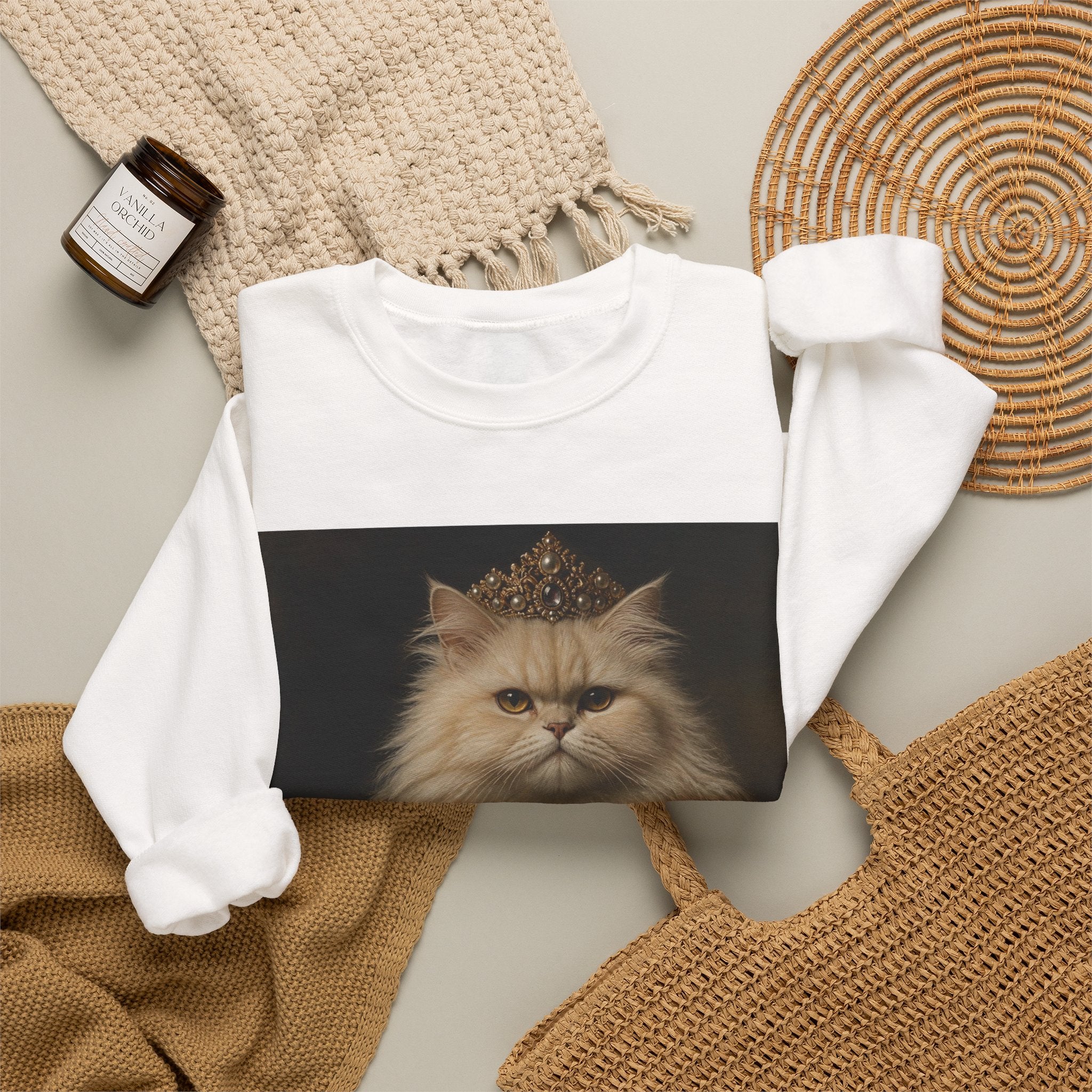 Persian Renaissance Queen Cat Portrait Sweatshirt — Royal Persian Kitten Print Crewneck