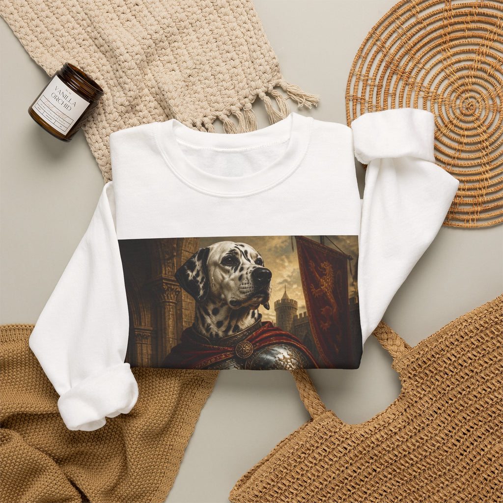 Dalmatian Knight Sweatshirt — Medieval Armor Dog Portrait Crewneck