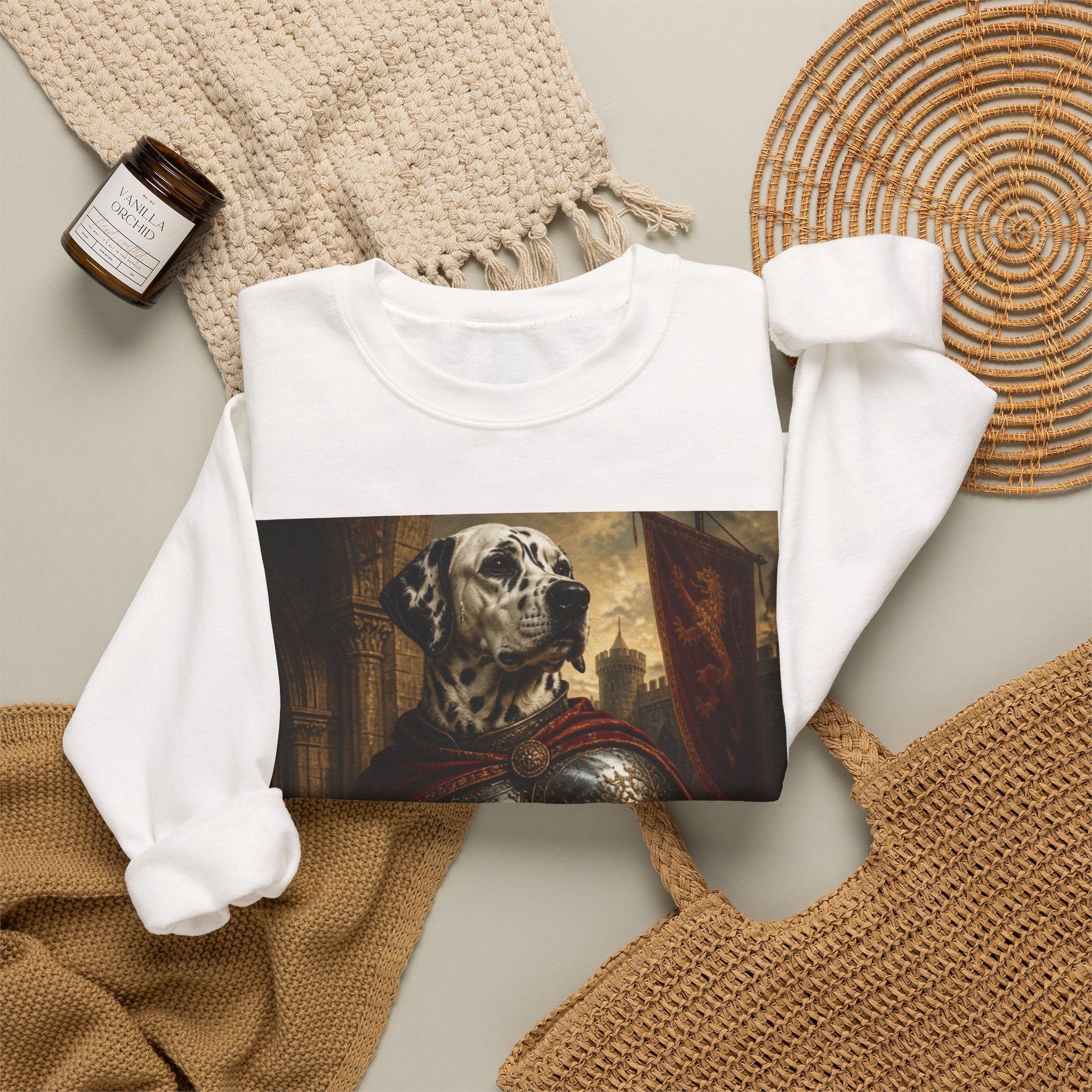 Dalmatian Knight Sweatshirt — Medieval Armor Dog Portrait Crewneck