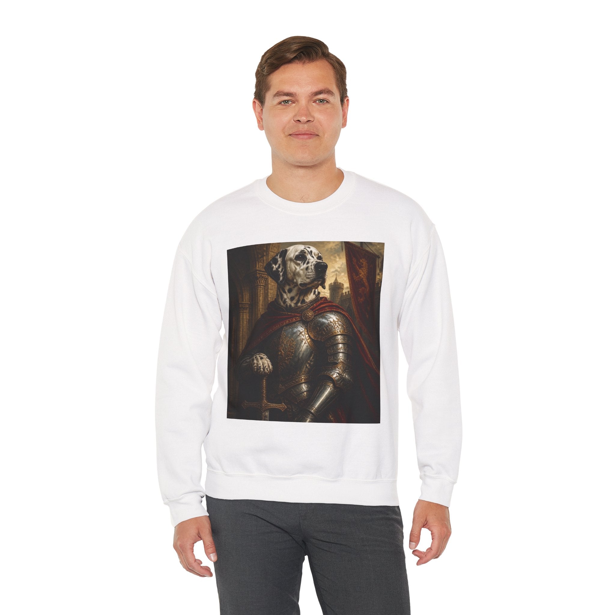 Dalmatian Knight Sweatshirt — Medieval Armor Dog Portrait Crewneck