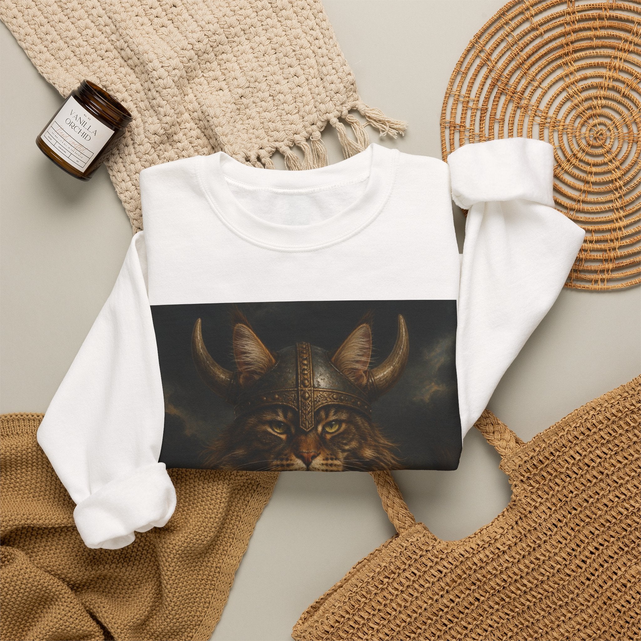 Viking Lynx Crewneck Sweatshirt – Norse Cat Warrior Illustration