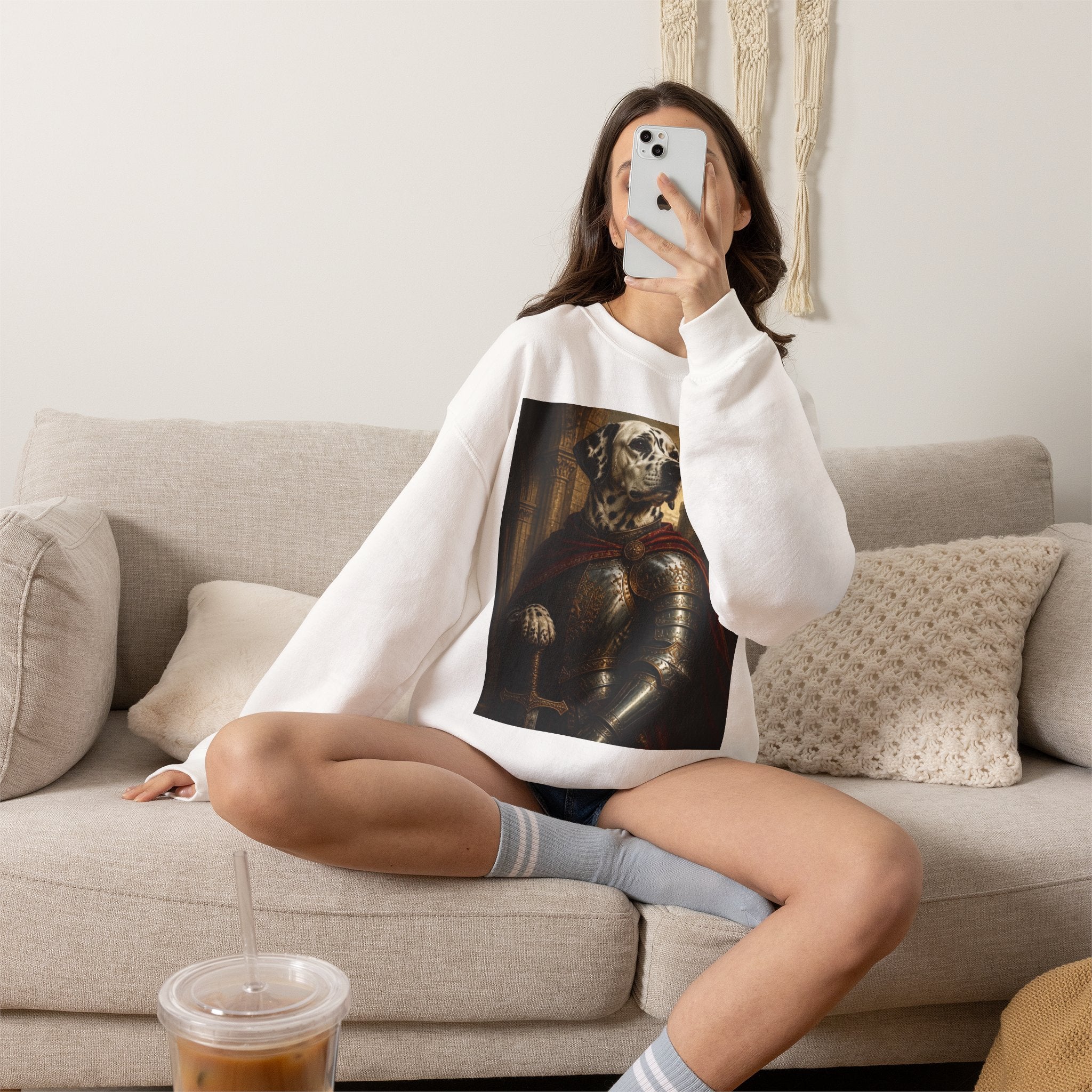 Dalmatian Knight Sweatshirt — Medieval Armor Dog Portrait Crewneck