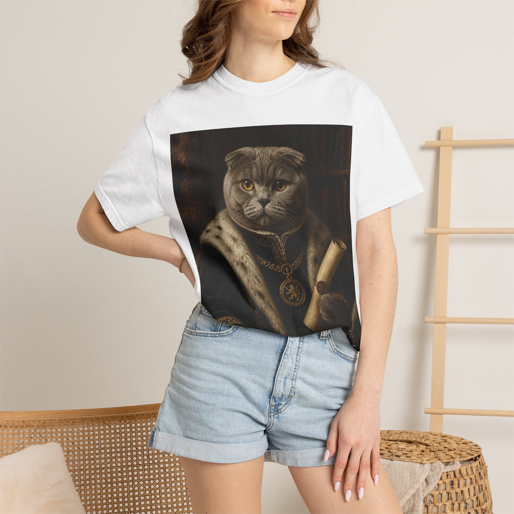 Scottish Fold Royal Portrait T-Shirt — Royal Vintage Cat with Scroll Graphic