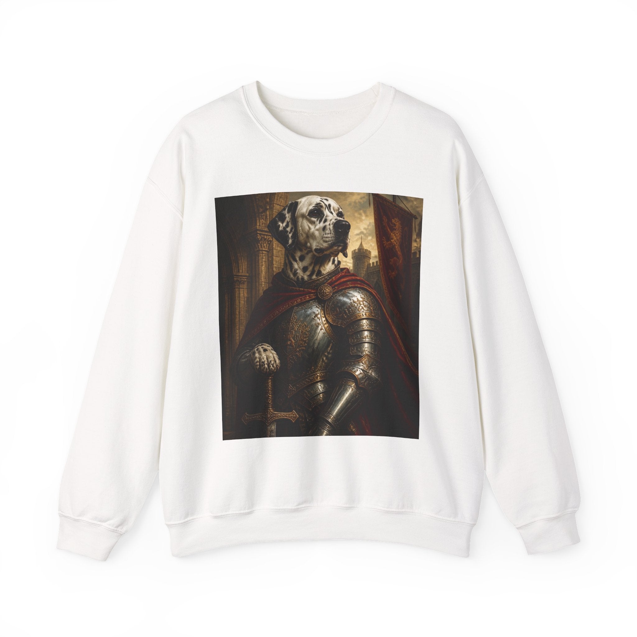 Dalmatian Knight Sweatshirt — Medieval Armor Dog Portrait Crewneck