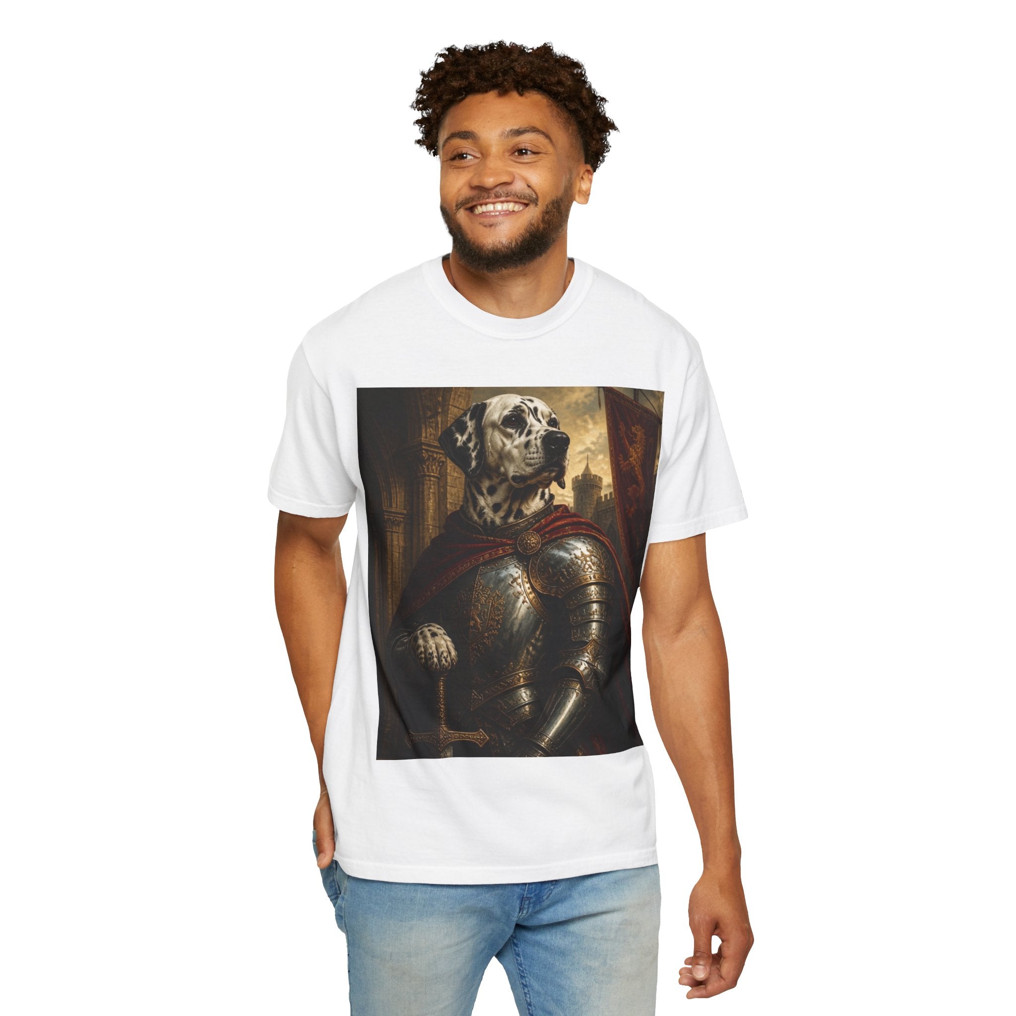 Knight Dalmatian T-Shirt — Regal Canine Armor Portrait