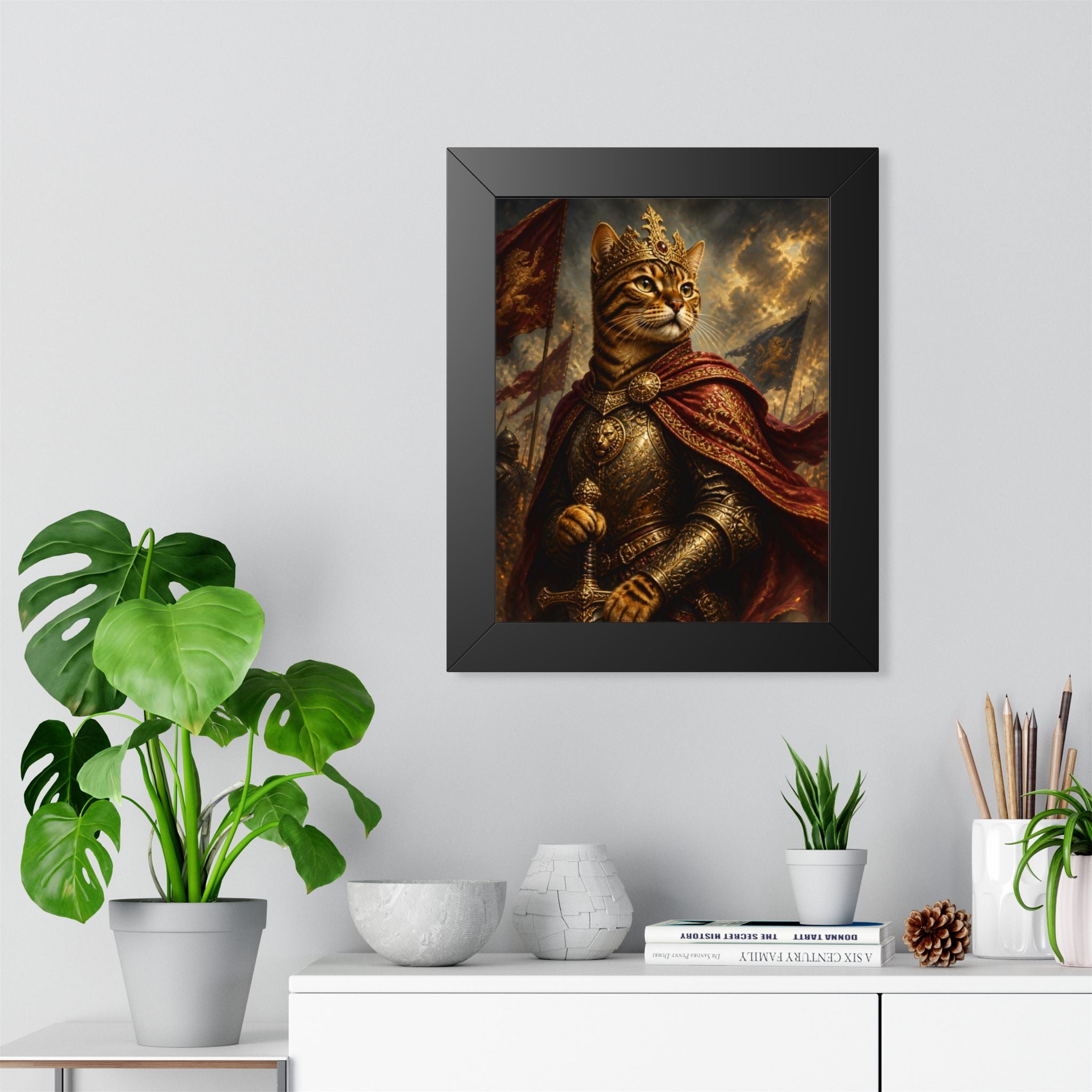 Framed Poster — Regal Cat King Portrait, Medieval Fantasy Wall Art