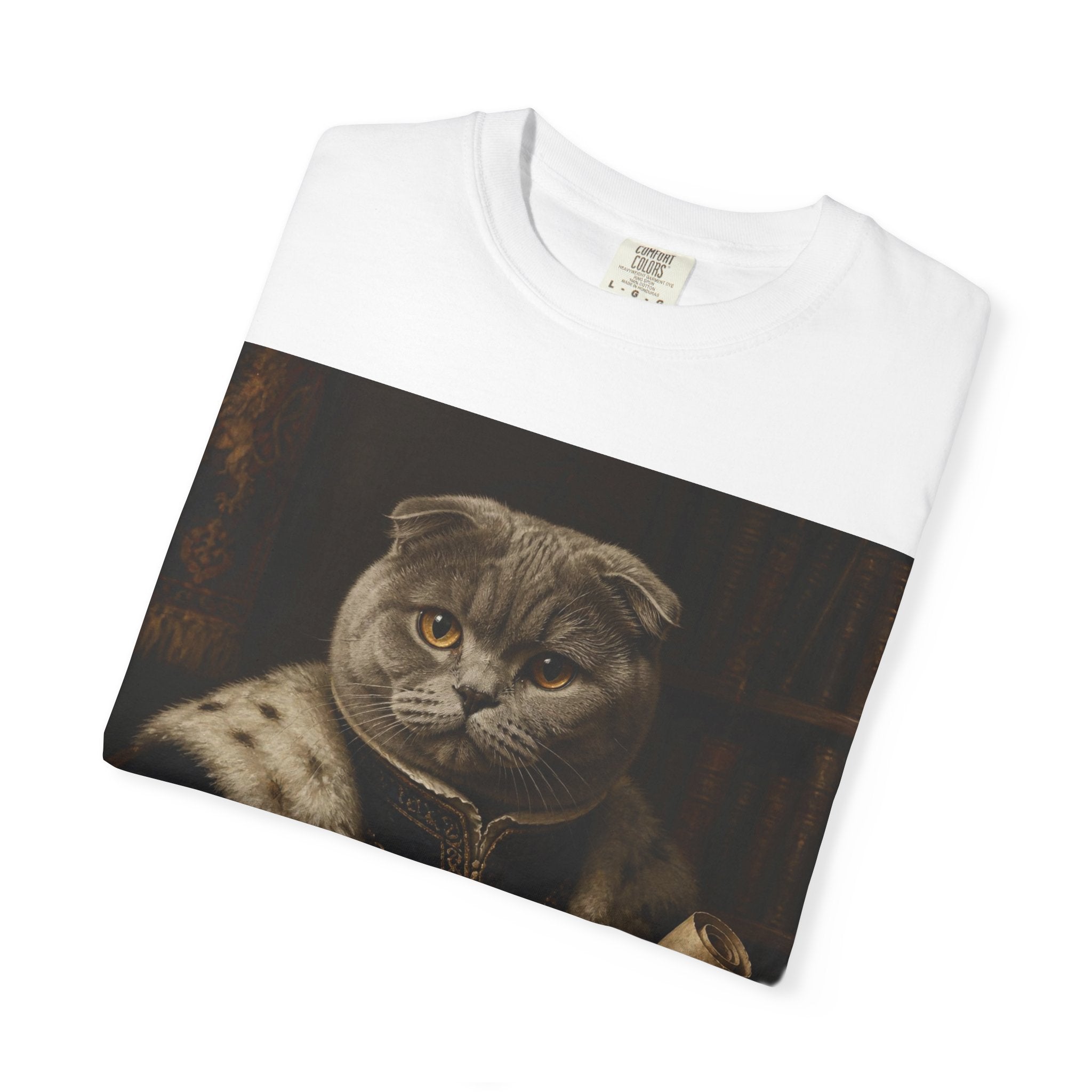 Scottish Fold Royal Portrait T-Shirt — Royal Vintage Cat with Scroll Graphic
