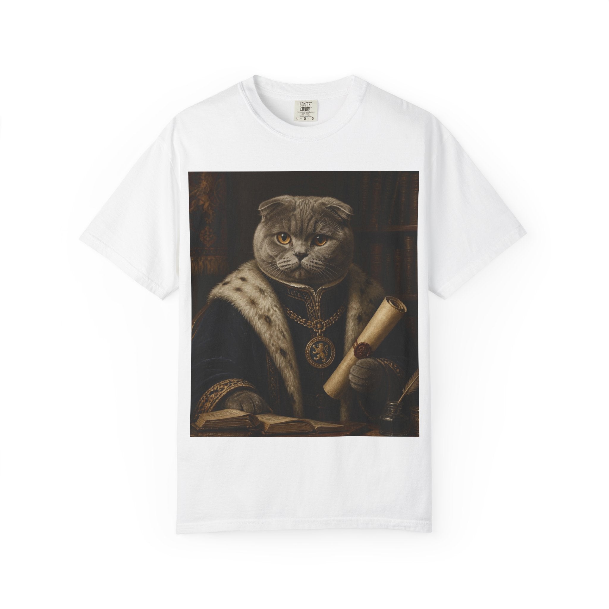 Scottish Fold Royal Portrait T-Shirt — Royal Vintage Cat with Scroll Graphic