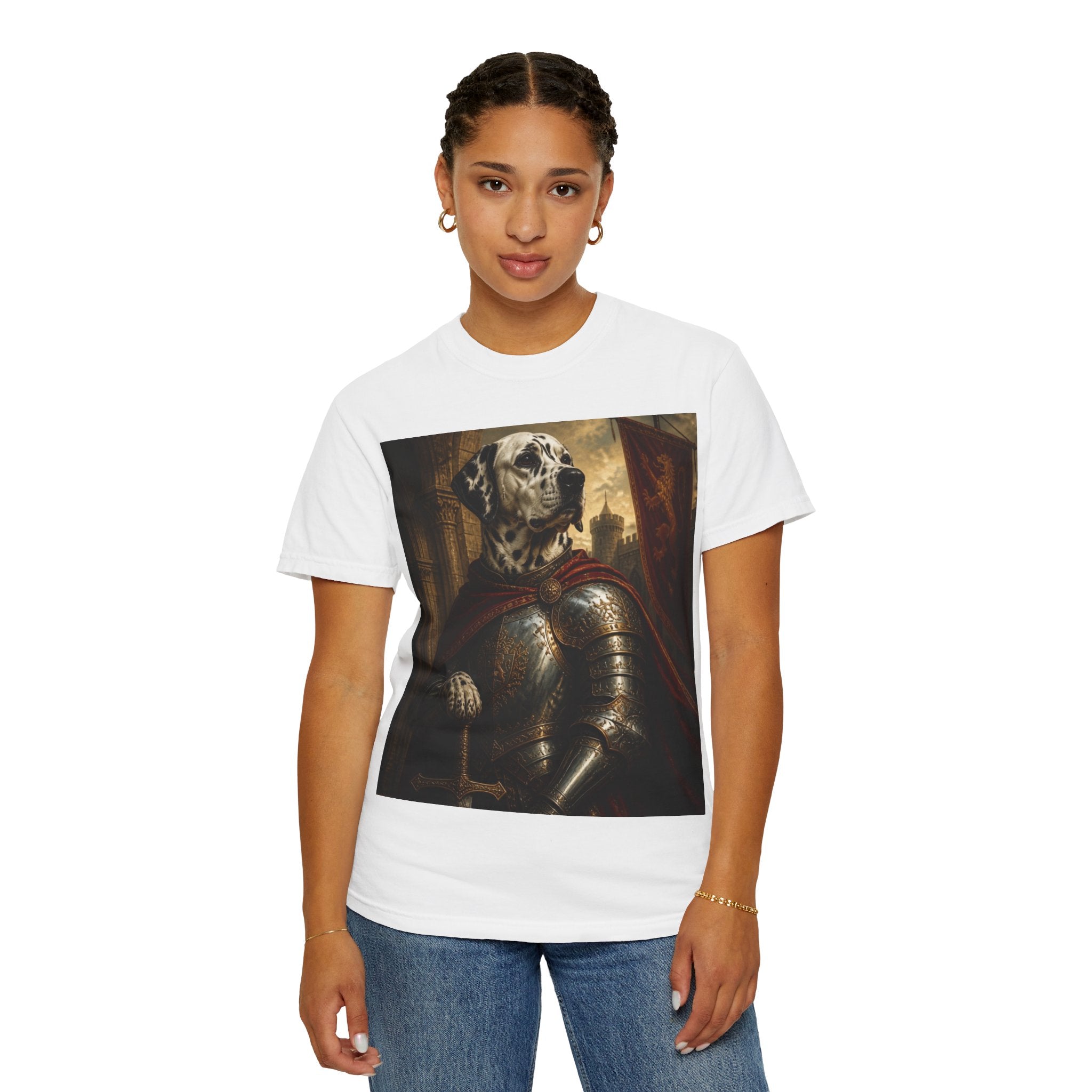 Knight Dalmatian T-Shirt — Regal Canine Armor Portrait