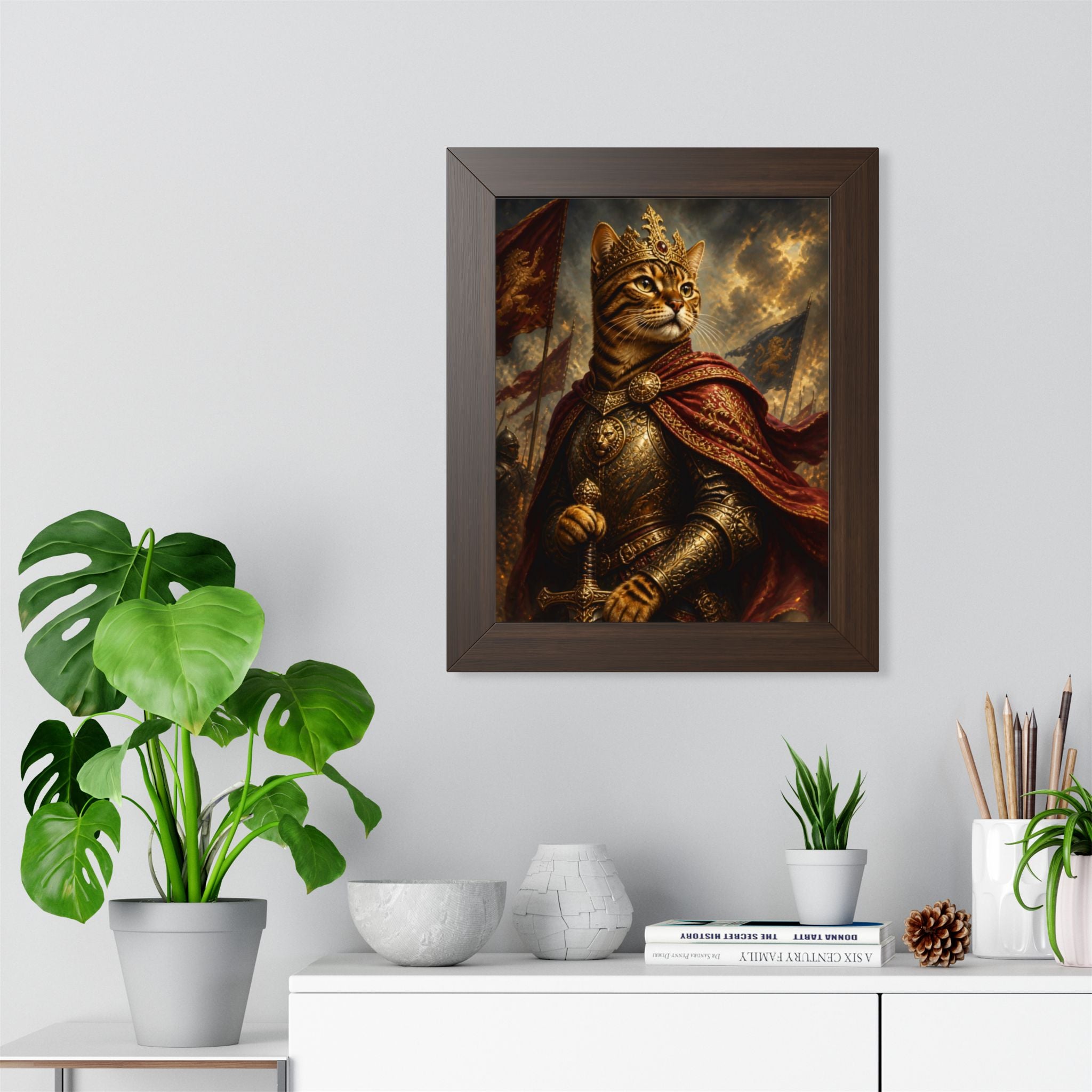 Framed Poster — Regal Cat King Portrait, Medieval Fantasy Wall Art
