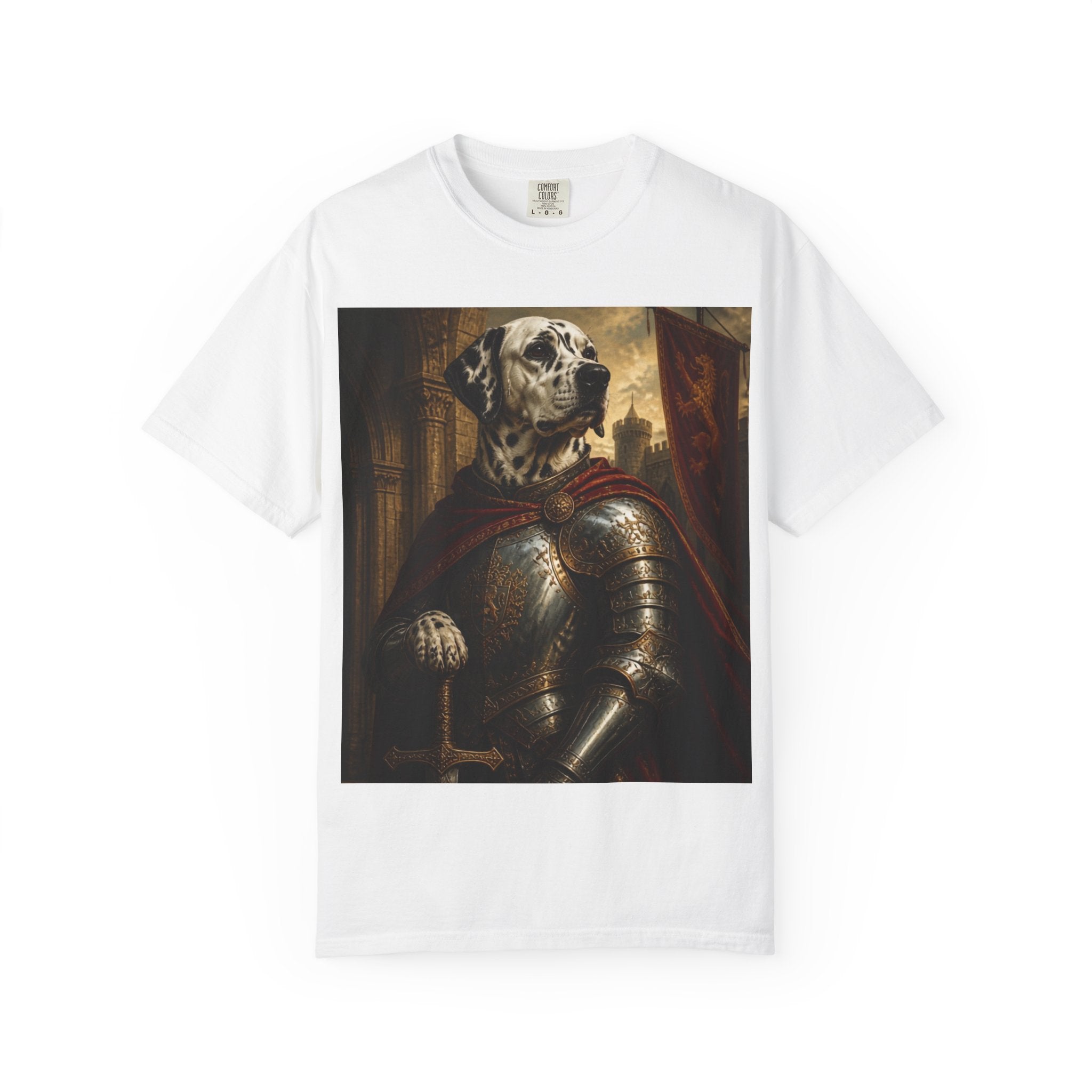 Knight Dalmatian T-Shirt — Regal Canine Armor Portrait