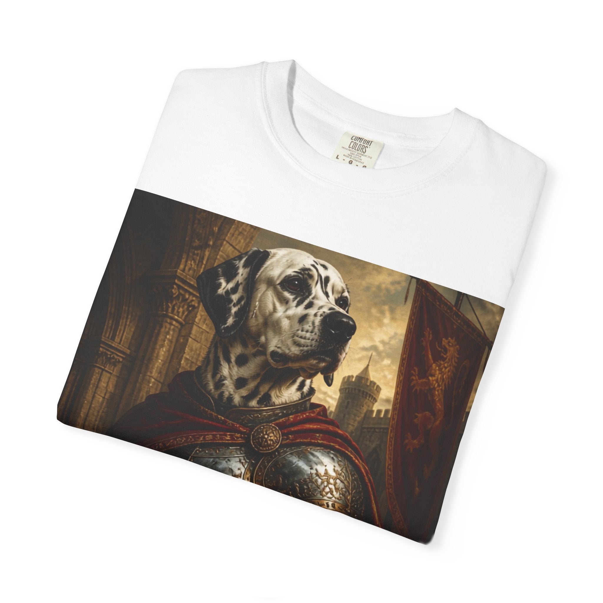 Knight Dalmatian T-Shirt — Regal Canine Armor Portrait